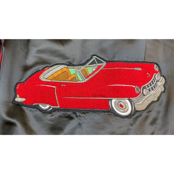 80s Bomber Jacket Mens Large Black 1950 Cadillac Embroidered Red Car Satin VTG - Picture 3 of 12